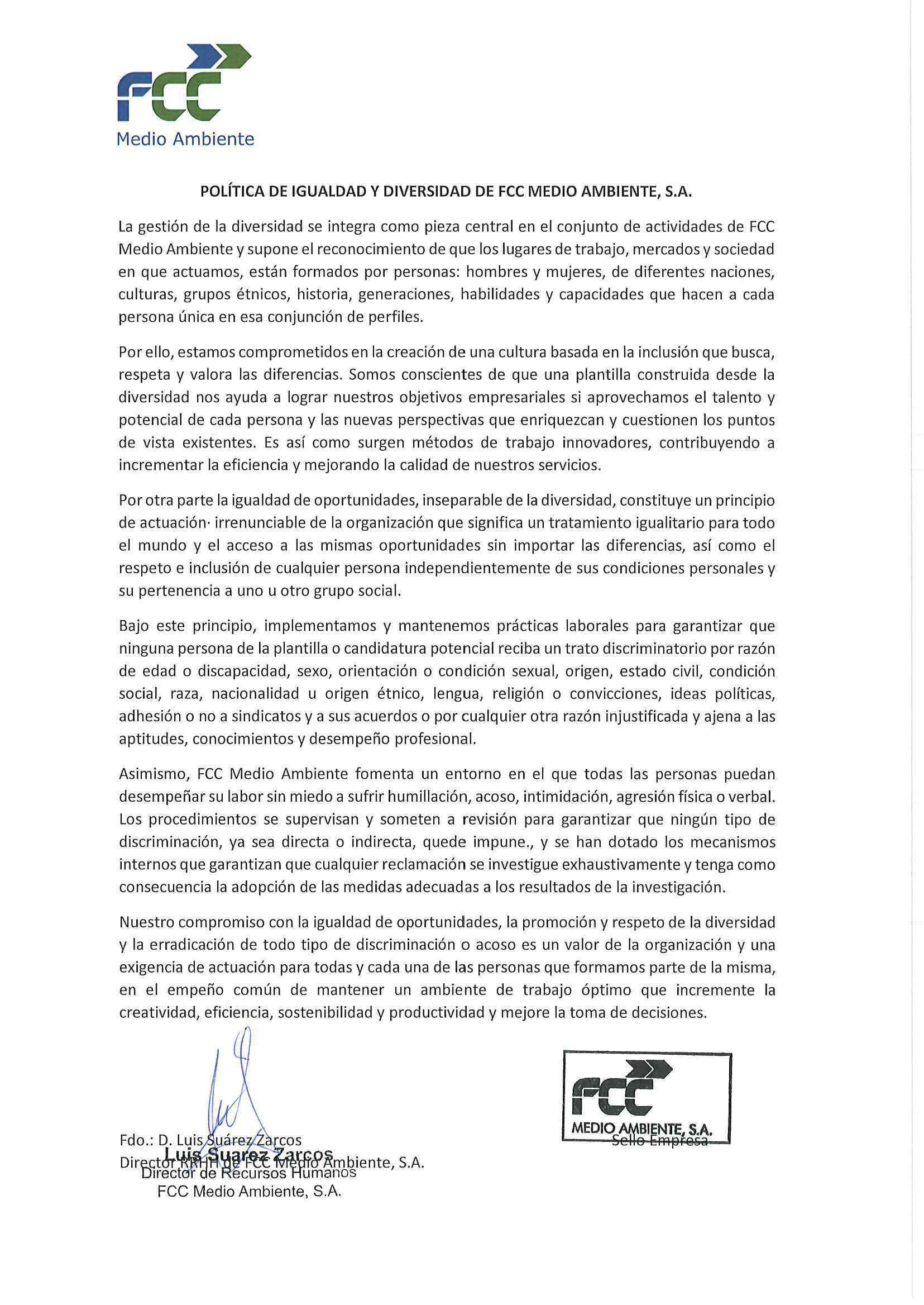 Equality and Diversity Policy of FCC Medio Ambiente